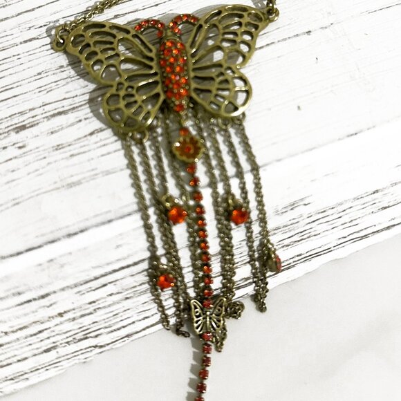Vintage Gold Butterfly Necklace with Red/Orange Swarovski Crystals - Picture 2 of 6
